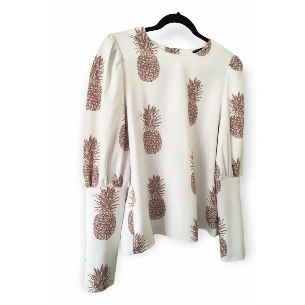 NWT CBR Chic Boutique Rose Pineapple Print BOHO Classic Couture Blouse Top - Picture 6 of 13